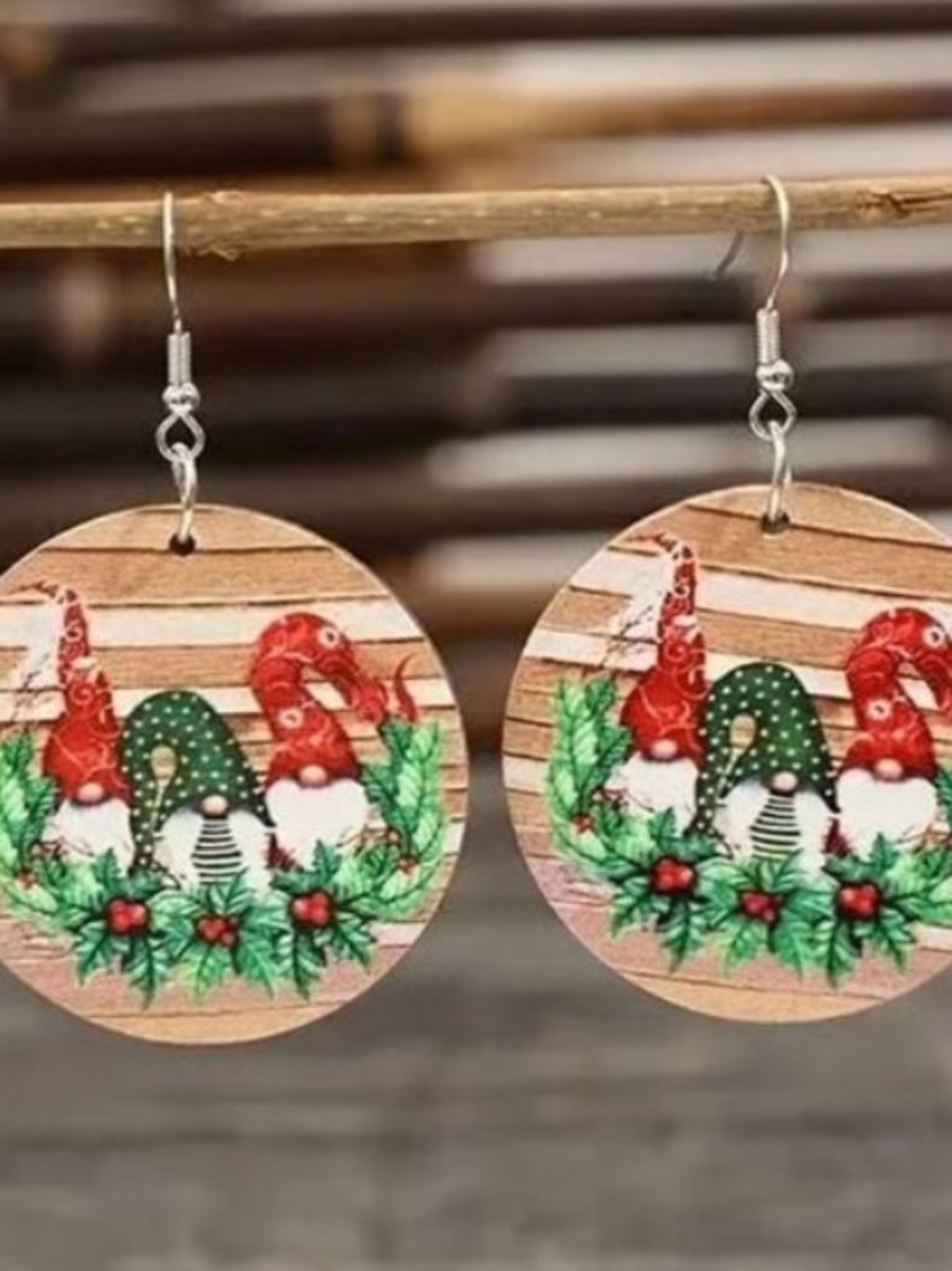Festive Gnome Wooden Drop Earrings - Red & Green